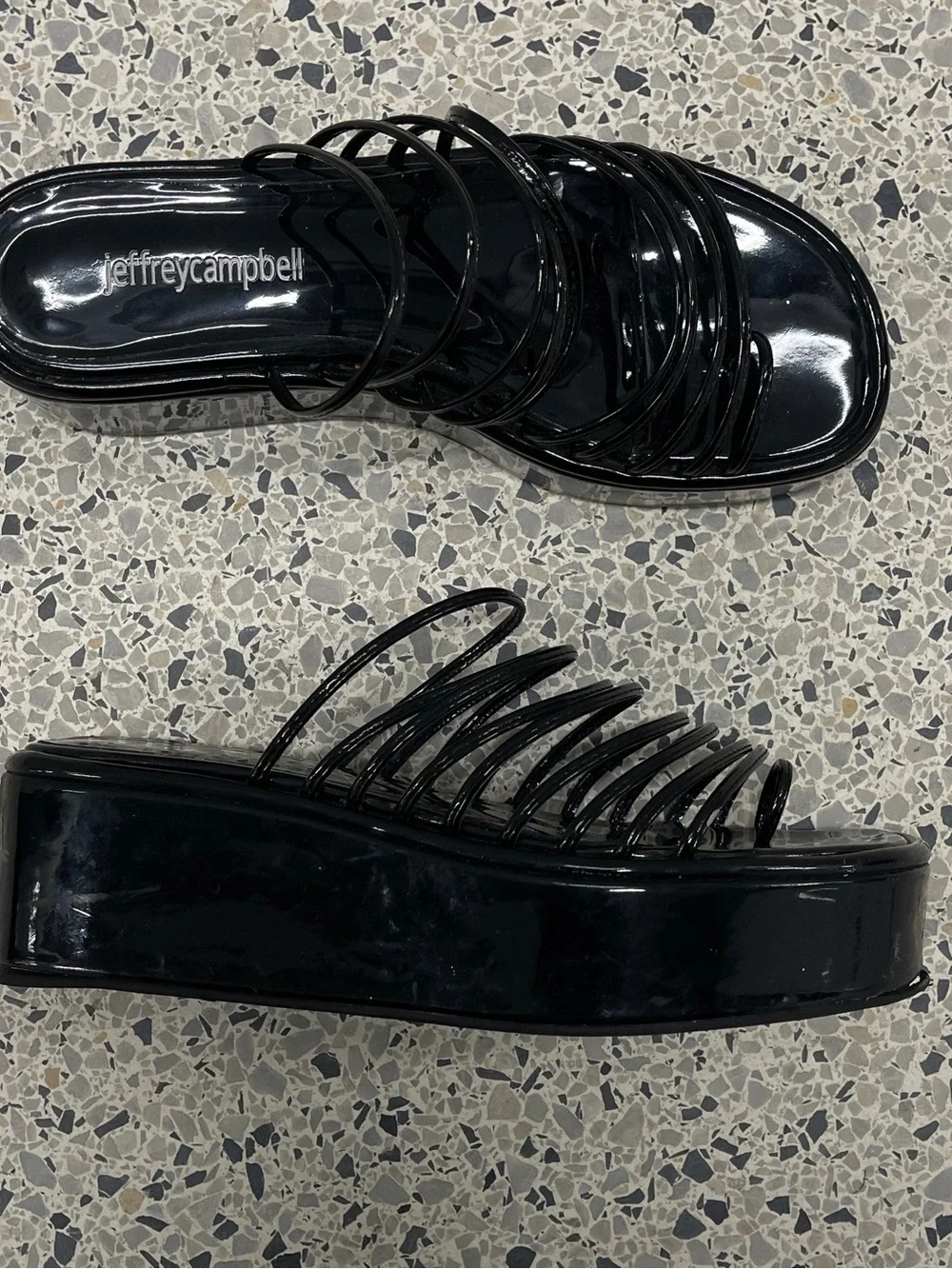 Jeffrey Campbell Black Patent Platform Slide Sandals